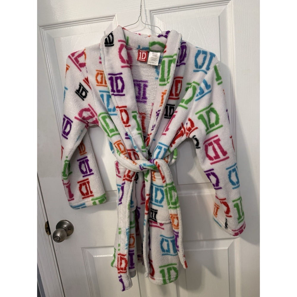 One Direction Girls Bathrobe White Multicolored Fleece Sz 10/12 1D 2013